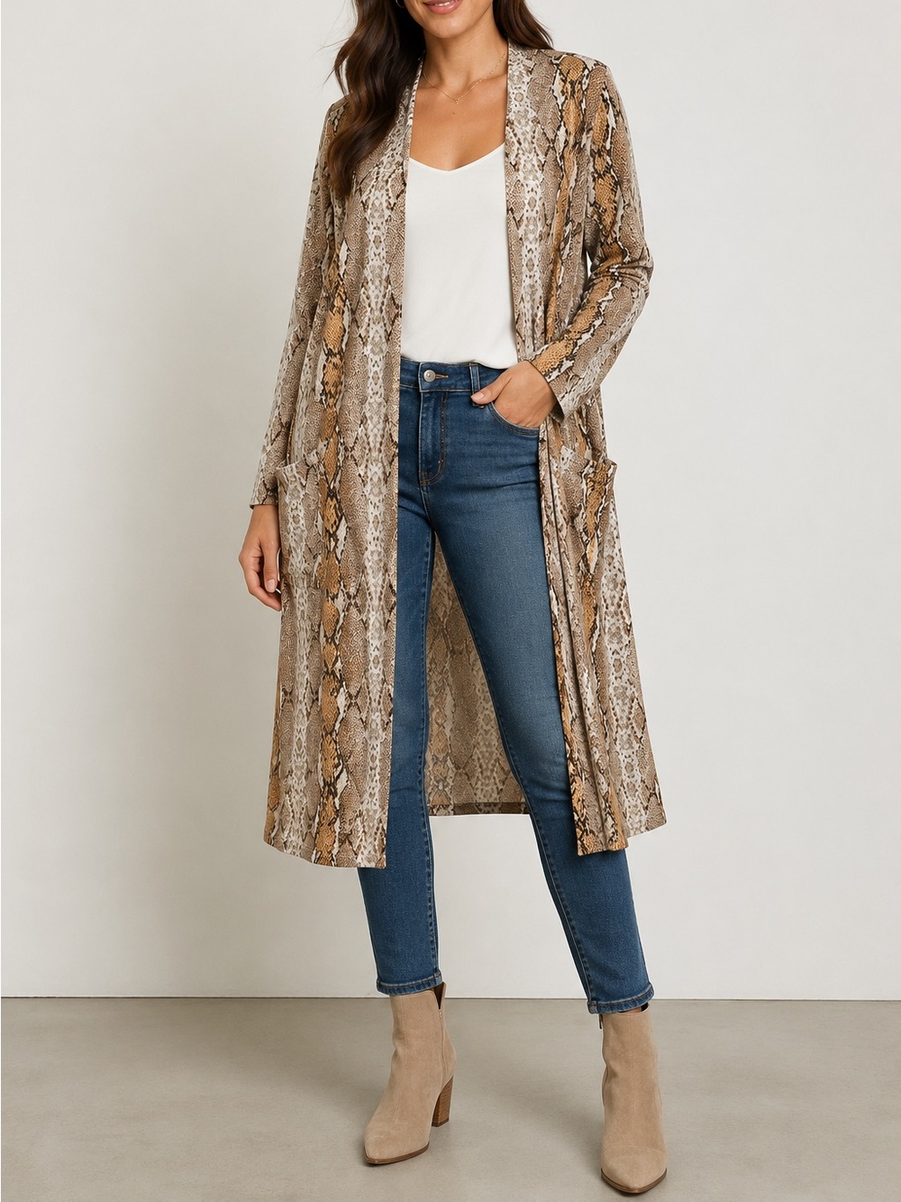 Très Bien Snake Print Duster Cardigan Large Open Front Longline USA Made Womens